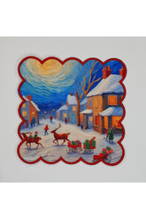 Yağlı Boya Yılbaşı Kasaba Manzara Desenli Kenarı Nakışlı Kokteyl Peçetesi